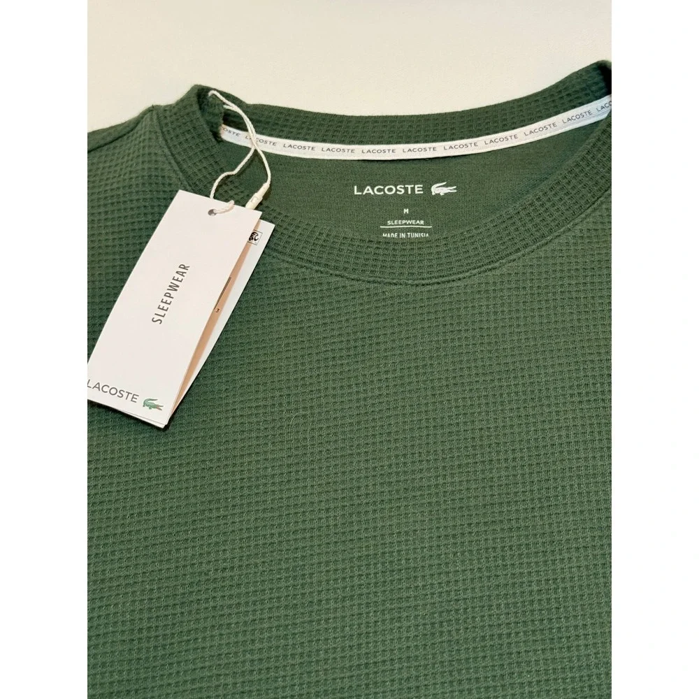 Lacoste Mens Waffle Knit Sleepwear Top Long Sleeve Green Crewneck Size M NWT